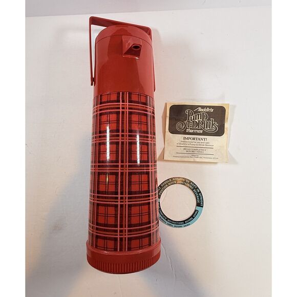 Vintage Aladdin Pump a Drink Red Plaid Thermos Built In Dispenser With Box - Picture 3 of 9
